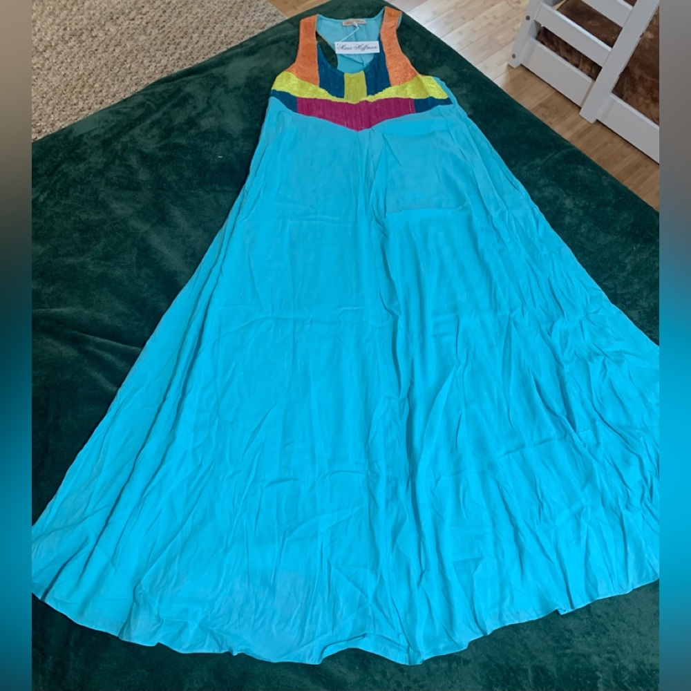 Mara Hoffman NWT S razor back embroidered rainbow blue maxi dress
